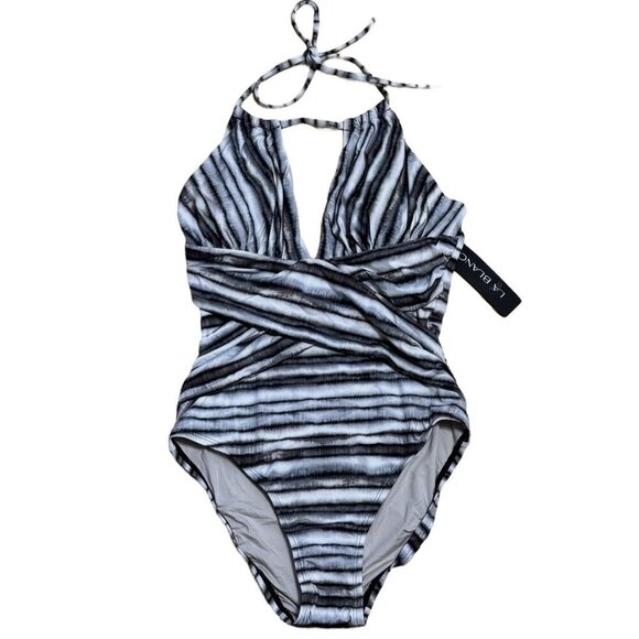 La Blanca Sz 6 Swimsuit Bamboo Striped HighNeck Cutout Halter One piece Vacation - Picture 3 of 5